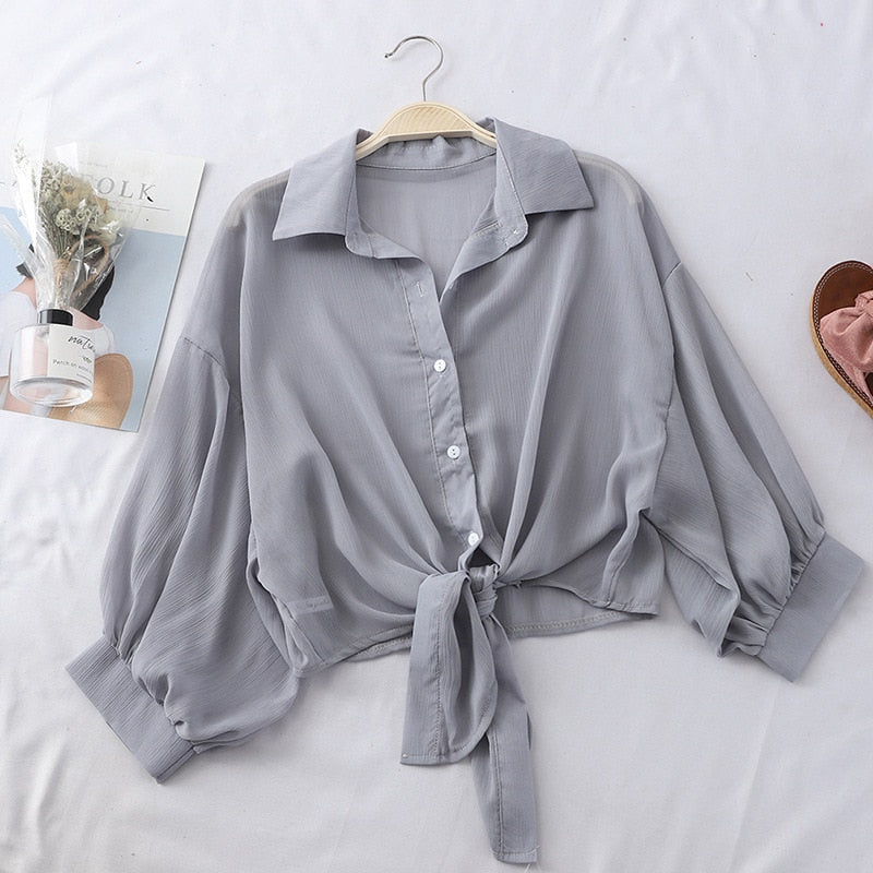 maoxiangshop Chiffon Shirts Women Summer Half Sleeve Buttoned Up Shirt Loose Casual Blouse Tied Waist Elegant Blouses For Women