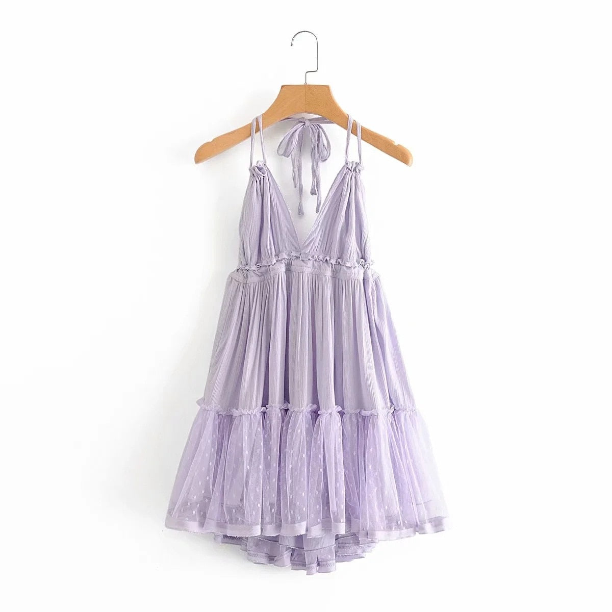 maoxiangshop Summer New Solid Color Lace Stitching V Neck Sexy Backless Mesh Short Dress Camisole Holiday Beach Dress Female
