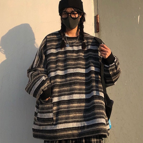 Vintage Stripe Sweaters Women Casual Pullover Winter Knitted Sweater With Pocket O Neck Loose Jumper Female Hip Hop Sueter Mujer