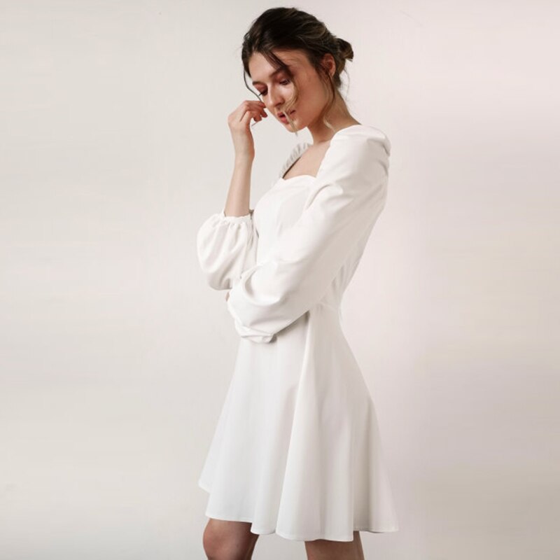Women Puff Sleeve Casual Mini Dress Square Neck Backless Slim A-line Party Dress Female Vintage Elegant Pink Dresses Spring