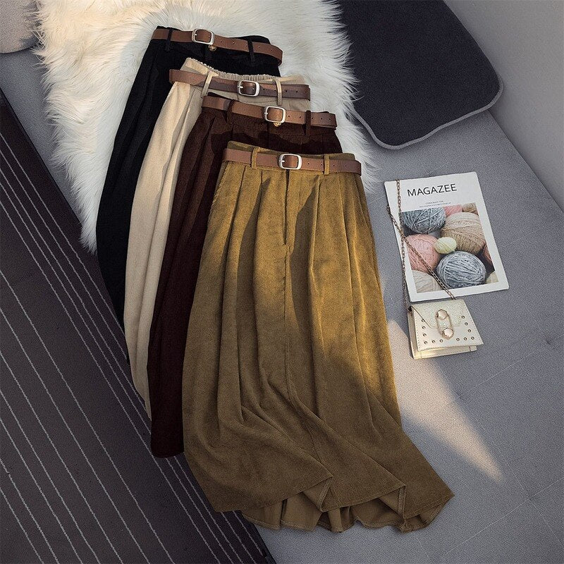 maoxiangshop Long Skirts Women Corduroy Classy Tender Retro Autumn College Ladies Cozy Ins Prevalent Basic Leisure All-match Feminino Newest