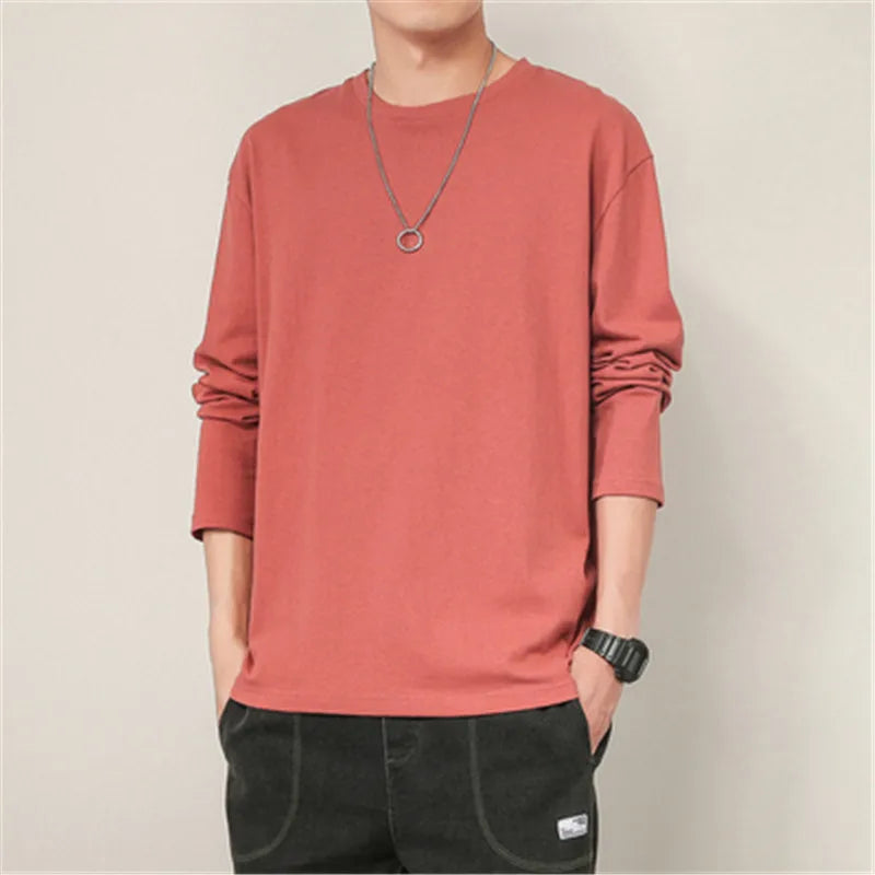 maoxiangshop 100% Cotton T Shirt Men Solid Color Long Sleeves O Neck Mens Tshirt Casual Streetwear Man Pullover Tops Tees Plus Size 5Xl