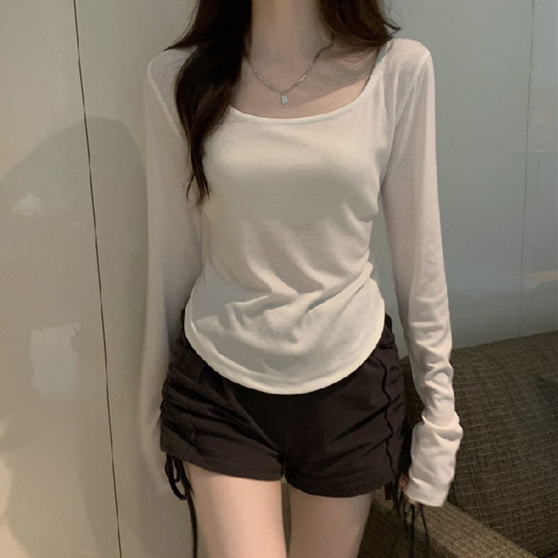 maoxiangshopWomen Long Sleeve Square Neck T-Shirt Spring And Autumn New Irregular Hem Slim Casual Top Girl Bottom Shirts