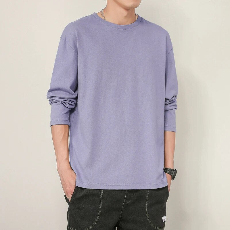 maoxiangshop 100% Cotton T Shirt Men Solid Color Long Sleeves O Neck Mens Tshirt Casual Streetwear Man Pullover Tops Tees Plus Size 5Xl