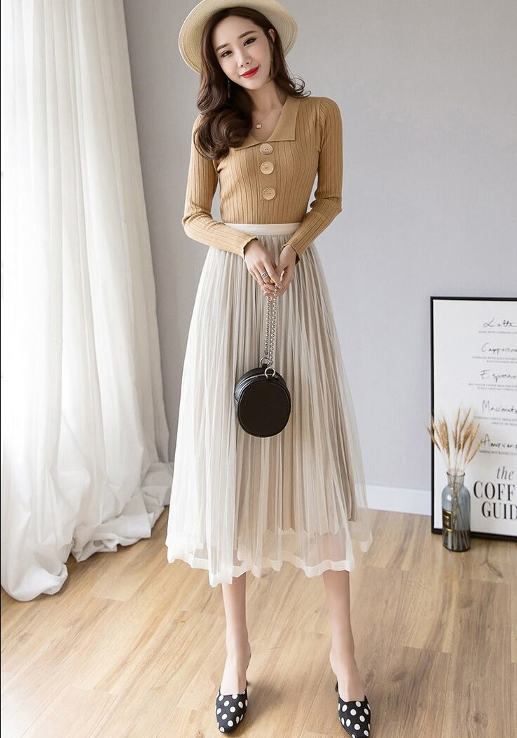 maoxiangshop Mesh Skirt Autumn Winter Velvet Solid Color Elastic Waist Slim Pleated Skirts Womens Chic High Waist Women Skir