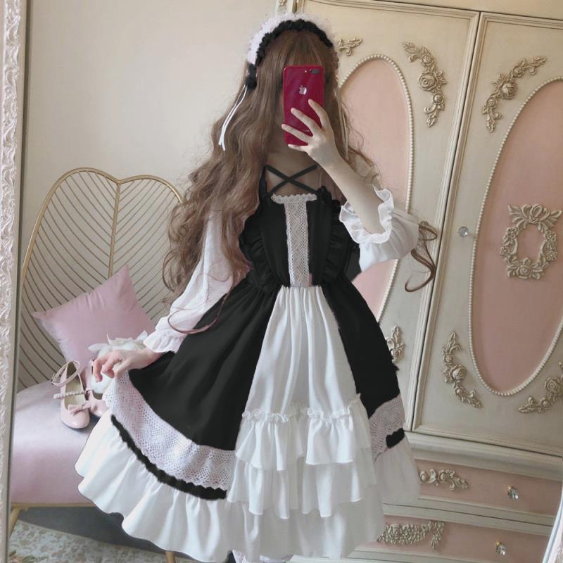 maoxiangshop In Wondeland Cute Women's Lolita OP Dress Flouncing Lace Trim Japanese Harajuku Long Sleeves Doll Dress Fairy Vestidos