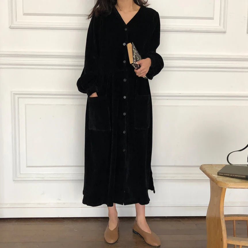 maoxiangshop Women Autumn Winter Vintage Long Dress Elegant Full Sleeve Single Breasted Tunic Casual Corduroy Dress with Pocket Vestidos