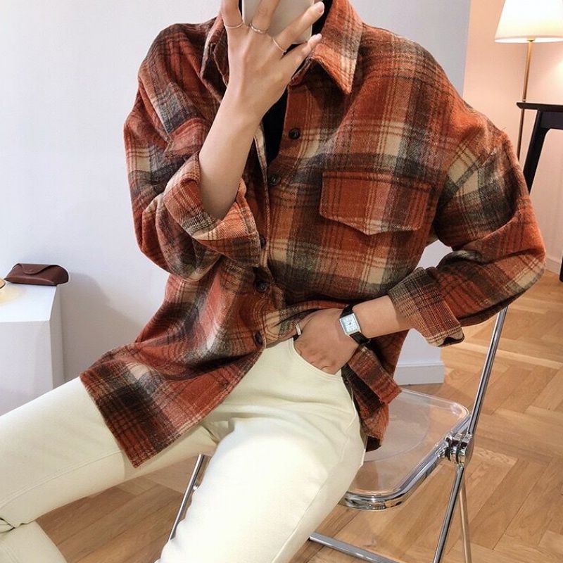 maoxiangshop Female Autumn Street Blouse Shirts Vintage Oversized Plaid Flannel Boyfriend Tunic Shirt for Women Casual Korean Tops