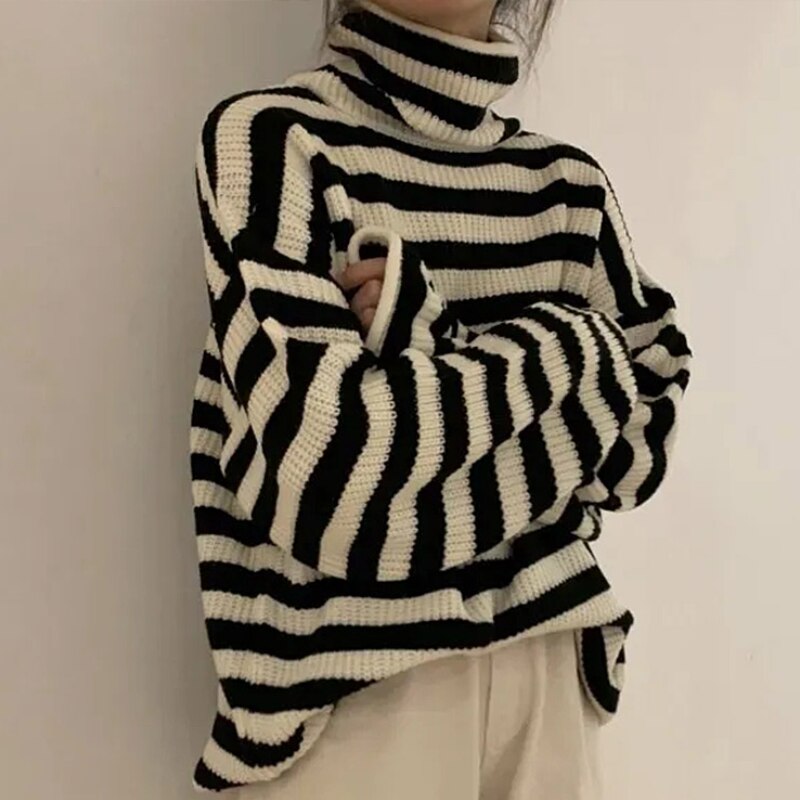 Winter Stripe Sweaters Women Turtleneck Sweater Knitted Harajuku Pullover Thicken Warm Jumper Female Long Sleeve Sueter Mujer
