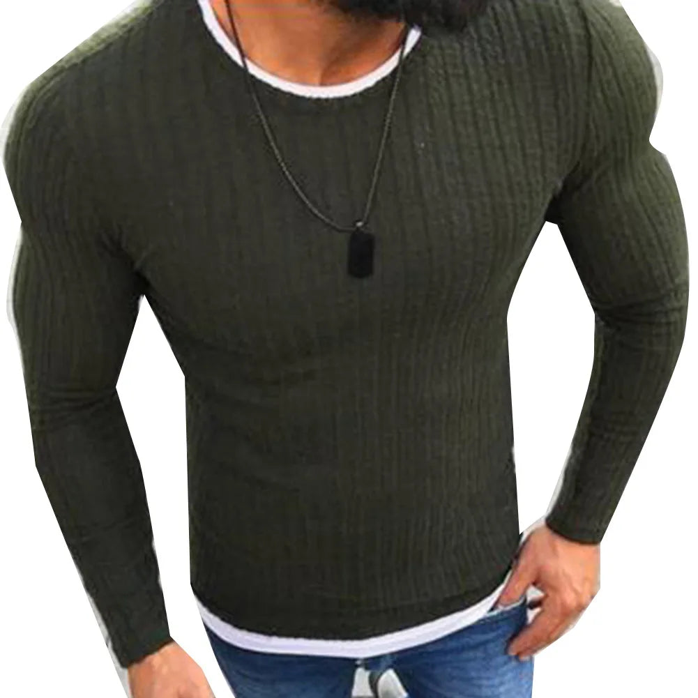 maoxiangshop Fashion Men Sweater Top Color Block Patchwork O Neck Long Sleeve Pullover Knitted Sweater For Men's Clothings Winter