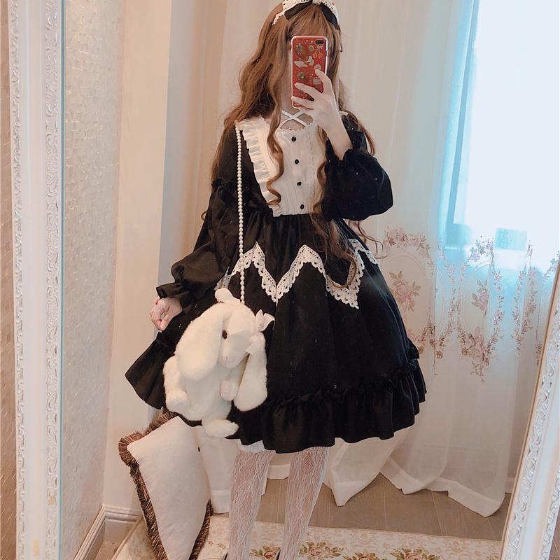 maoxiangshop In Wondeland Cute Women's Lolita OP Dress Flouncing Lace Trim Japanese Harajuku Long Sleeves Doll Dress Fairy Vestidos