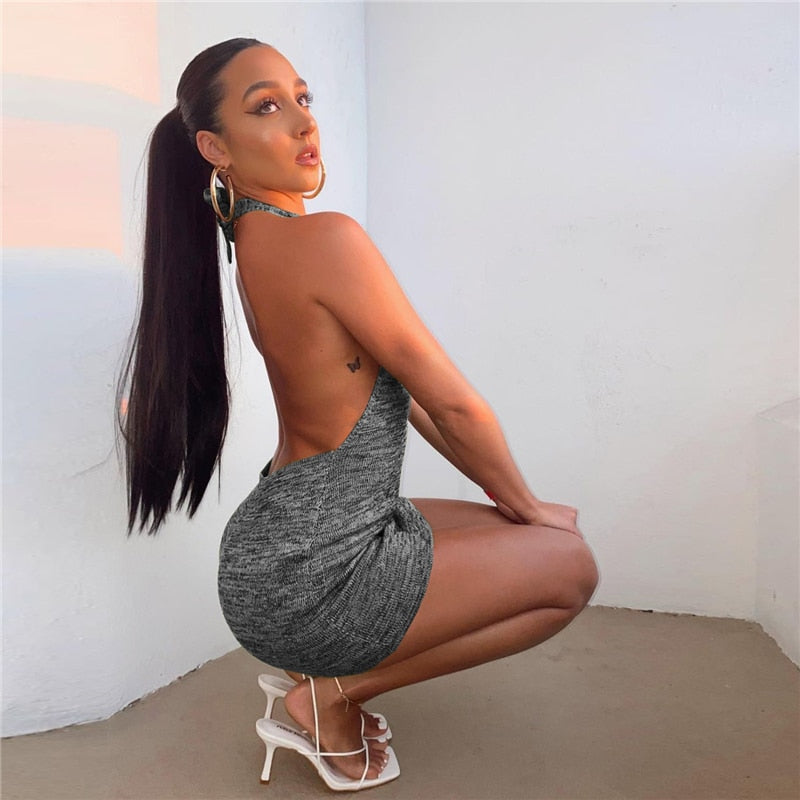 maoxiangshop Summer Gradient Backless Knit Dress Women New Mini Beach Party Halter Dress Holiday Slim Ladies Stretch Sweater Dress