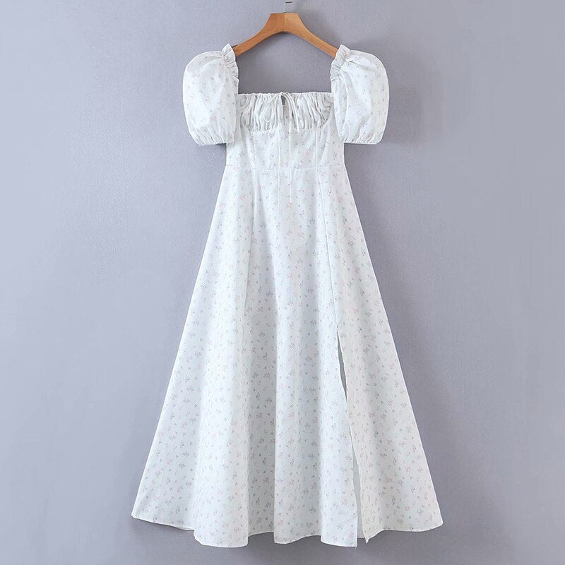 maoxiangshop Sweet Floral Print Holiday Party Long Dress Women Sexy Neck Puff Sleeve Hem Slits Elegant Ladies Dress Summer Robe