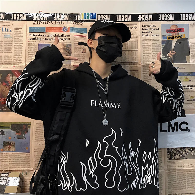 maoxiangshop Harajuku Oversized Women Hoodies Casual Flame Print Sweatshirt Korean Style Autumn Long Sleeve Hooded Female Pullovers Tops