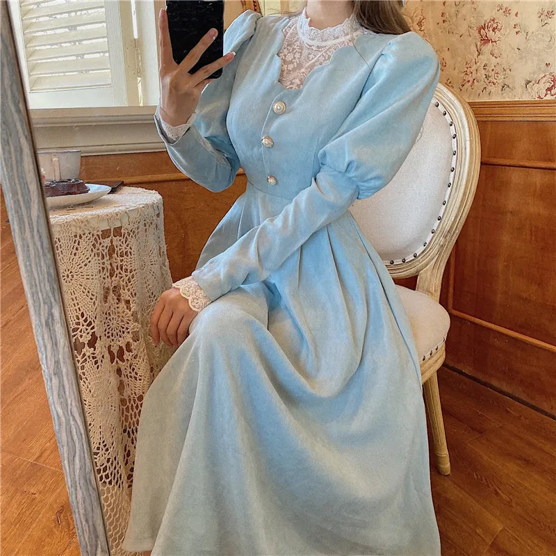 maoxiangshop Solid Elegant Dress Women Winter Patchwork Lace Party Midi Dress Female Casual French Style Sweet Kawaii Korean Dress Women