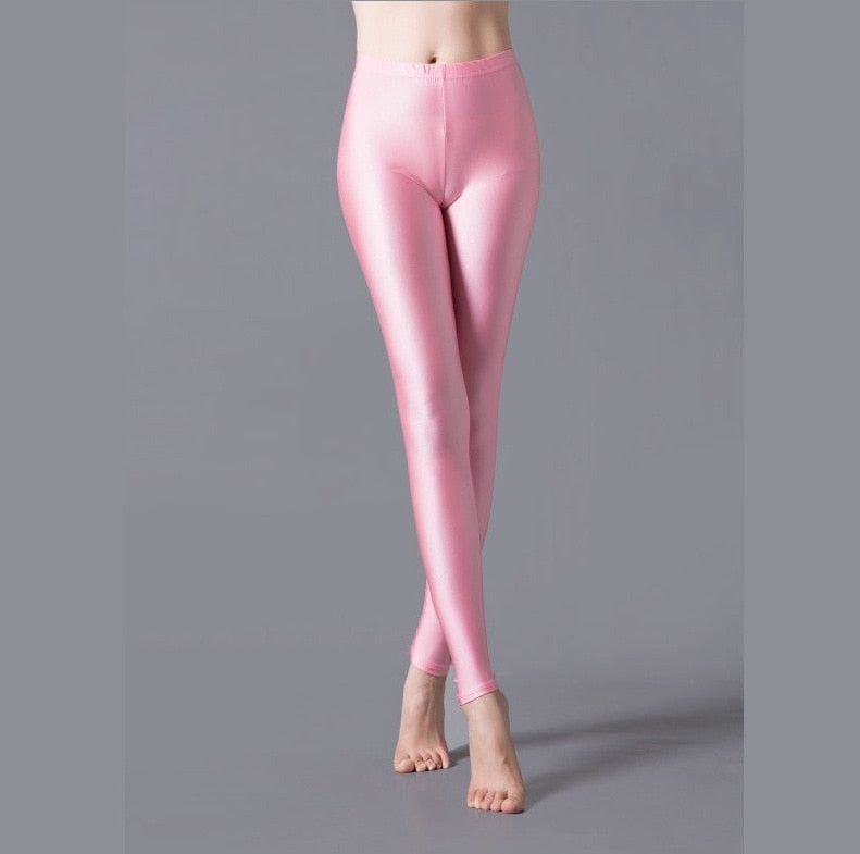 maoxiangshop Women Shiny Gym Pants Fitness Leggings Candy Color Ankle Length Trousers Solid Fluorescent Spandex Elastic New Bottom
