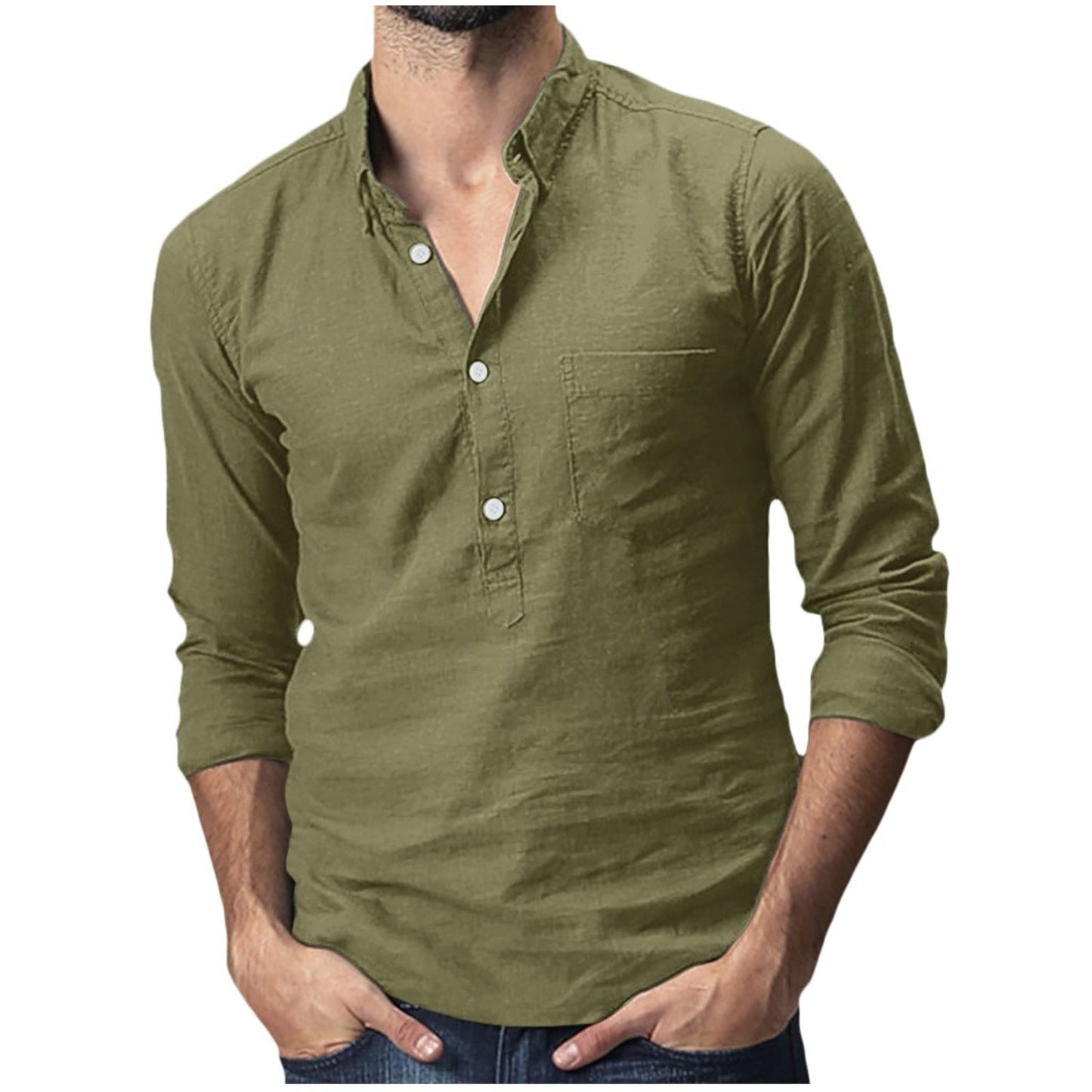 maoxiangshop Summer Hawaiian Shirt Men's Baggy Cotton Linen Solid Pocket Long Sleeve Turn-down Collar Shirts Tops M-3xl Camisas Hombre