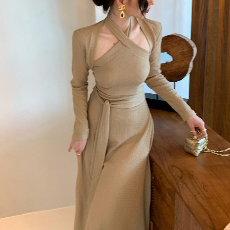maoxiangshop Autumn Korea Elegant Dress Set Women Slim Retro Casual Party Vintage 2 Piece Suit France One-piece Dress + Long Sleeve Top