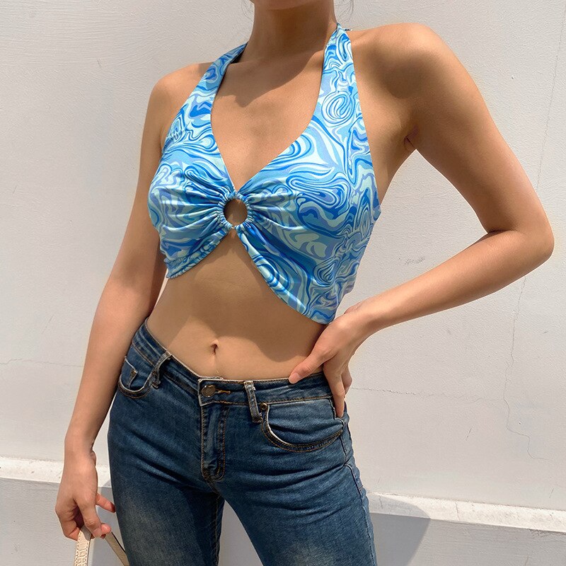 Wave Print Sexy Halter Crop Top Women Y2K Aesthetic Bandage V Neck Hollow Out Backless Tank Top Sleeveless Croptop Streetwear
