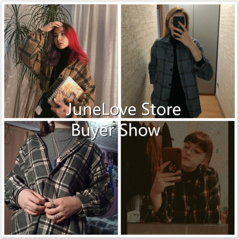 maoxiangshop Female Autumn Street Blouse Shirts Vintage Oversized Plaid Flannel Boyfriend Tunic Shirt for Women Casual Korean Tops