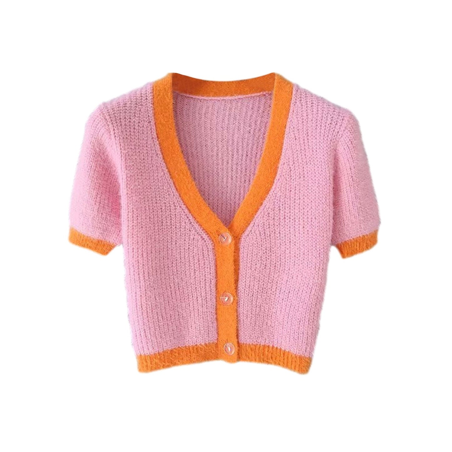 maoxiangshopSummer Knitted Short Sleeve T-shirt Button Up V-neck Crop Top Fashion Clothing Women Streetwear Contrast Color Tops Tee