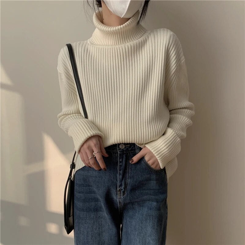 maoxiangshop Fashion Women Sweaters Streetwear Wool Pullovers Turtleneck Knitted Long Sleeve Top Black Korean Style Winter Clothes Woman