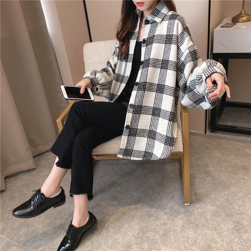 maoxiangshop Female Autumn Street Blouse Shirts Vintage Oversized Plaid Flannel Boyfriend Tunic Shirt for Women Casual Korean Tops
