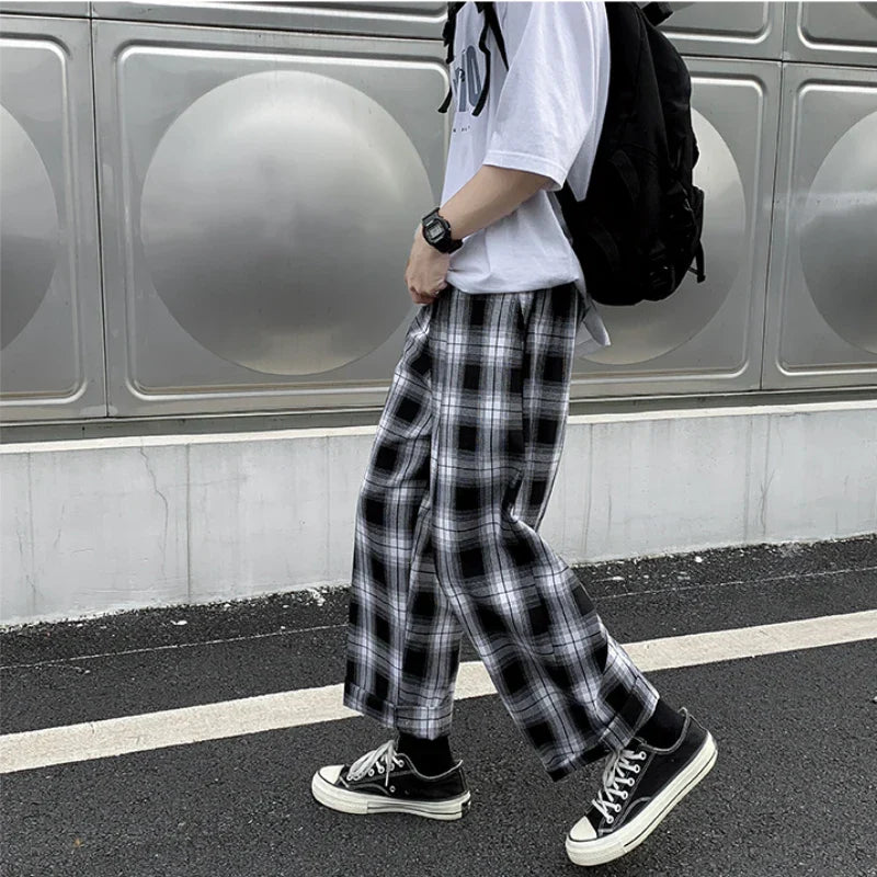 maoxiangshop Men Casual Pants Plaid Ankle Length Loose Wide Leg All-match Elastic Waist Fashion Trousers Streetwear Harajuku Korean Retro Ins
