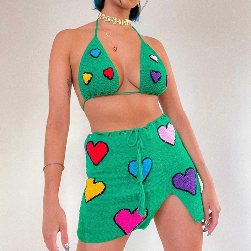 maoxiangshopSummer Knitted Suit Floral Crochet Crop Cami Top and High Waist Split Skirt Beach Vacation Y2K Two Piece Set Women Outfits
