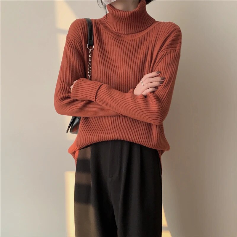 maoxiangshop Fashion Women Sweaters Streetwear Wool Pullovers Turtleneck Knitted Long Sleeve Top Black Korean Style Winter Clothes Woman