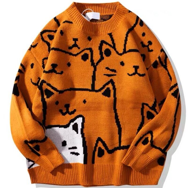 maoxiangshop Japanese Harajuku Vintage Sweater Men Autumn Winter New Cartoon Loose Knitted Sweater Hip Hop Streetwear Knitwear Pullovers