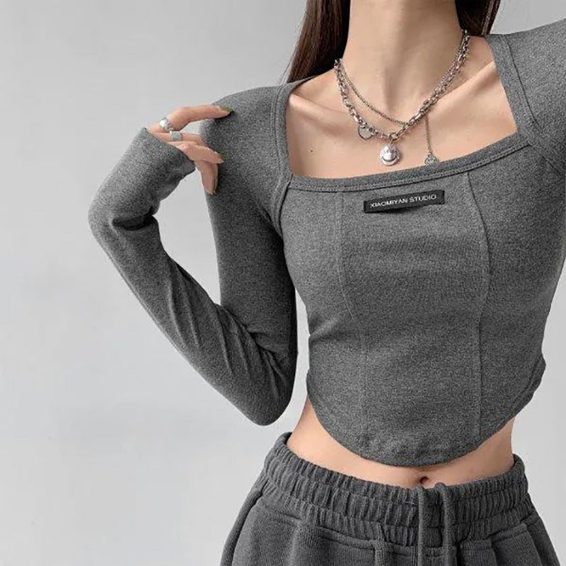 maoxiangshop American Style Brown Cropped Top Women Fashion Skinny Sexy Long Sleeve T Shirts Female Casual Square Neck Tees