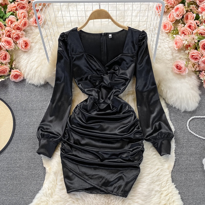 maoxiangshop Autumn New Celebrity Sexy Square Neck Satin Dresses Long Sleeve Women White Hip Wrap Slim Pleated Mini Short Dress