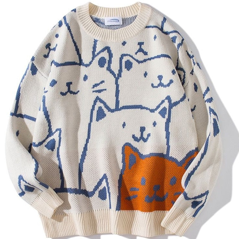 maoxiangshop Japanese Harajuku Vintage Sweater Men Autumn Winter New Cartoon Loose Knitted Sweater Hip Hop Streetwear Knitwear Pullovers