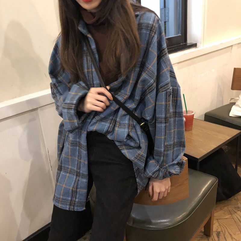 maoxiangshop Female Autumn Street Blouse Shirts Vintage Oversized Plaid Flannel Boyfriend Tunic Shirt for Women Casual Korean Tops