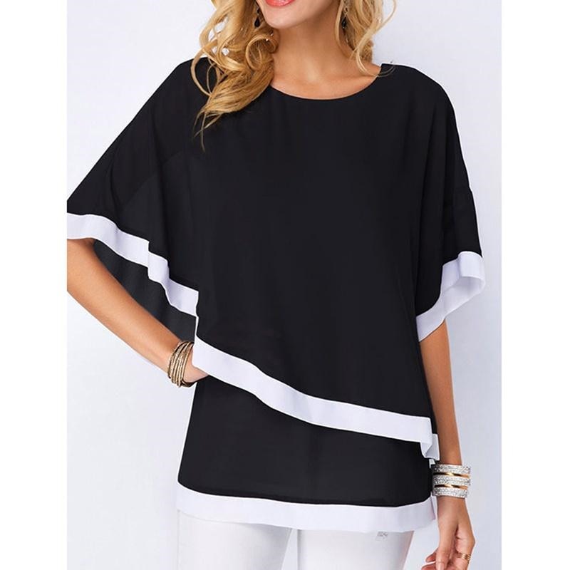 maoxiangshop Blouses For WomenNew Patchwork Double Layer Tops Casual Batwing Tunic Autumn New Chiffon Shirts