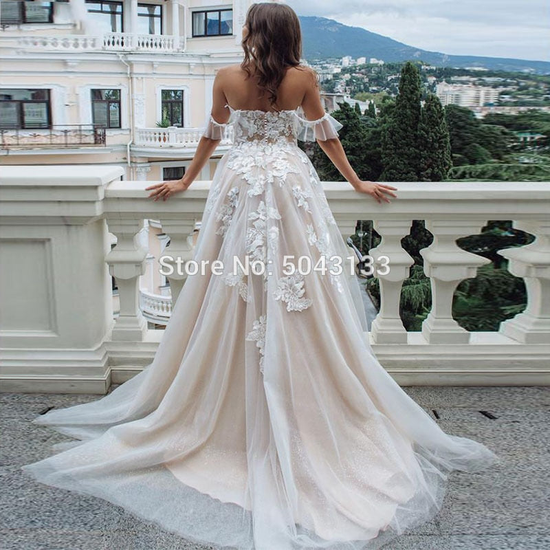 maoxiangshop Sexy Sweetheart A Line Wedding Dresses Off Shoulder Champagne Liner Tulle Appliques Sleeveless Bridal Gowns Womens Formal