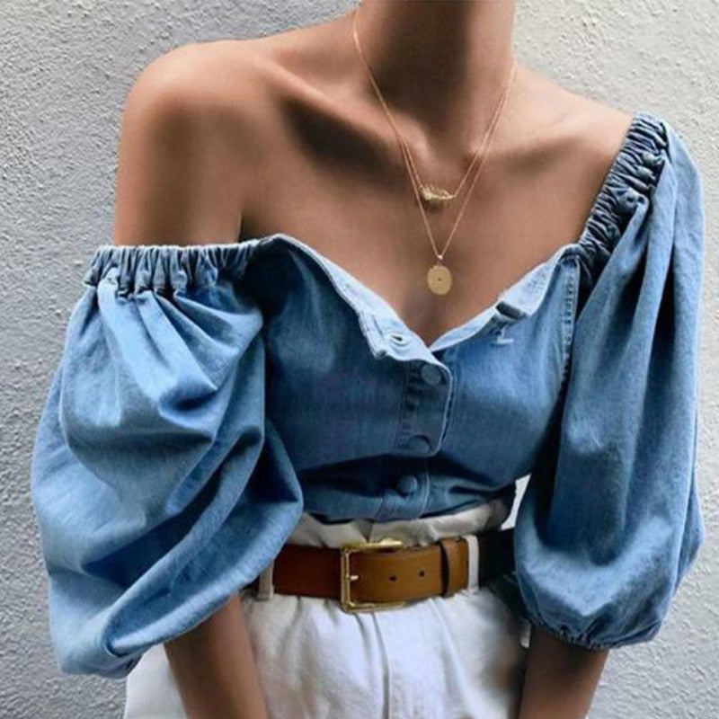 maoxiangshop Off Shoulder Puff Sleeve Women's Shirs Autumn Sexy Single Breasted Female Denim Tops Spring Trend Fashion Ladies Shirts