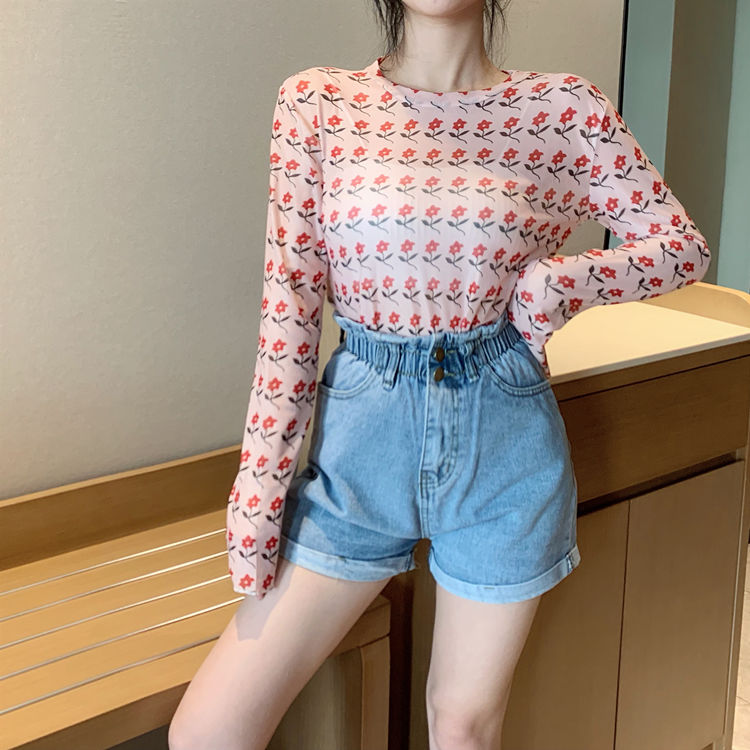 maoxiangshop Angel Print Sheer Blue Black Mesh Long Sleeve Blouse Shirts Women Spring Summer Pullovers Elegant Sexy See Through Tops