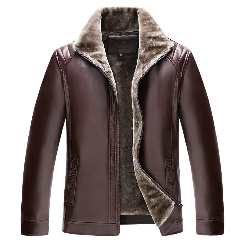 maoxiangshop Winter Men's Leather Plus Velvet Thick Fur One Lapel Leather Jacket Warm Casual Slim Smart Mens Leather Jacket Male Winter Coats