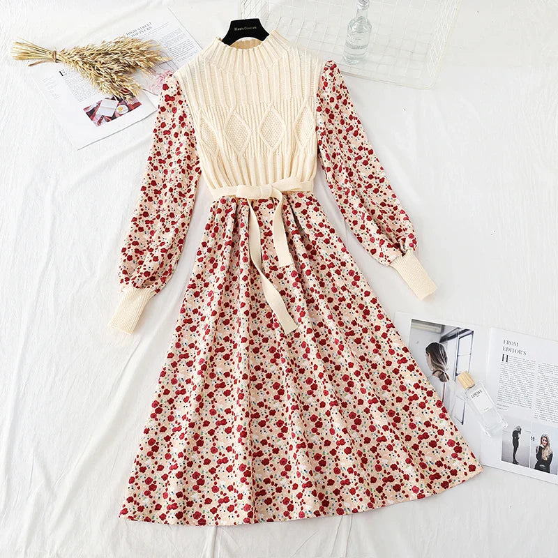 maoxiangshop Autumn Sweater Dresses for Women Winter Splicing Pullover Bow Belt Slim Knitting Sweet Corduroy Floral Print Midi Dress Vestidos