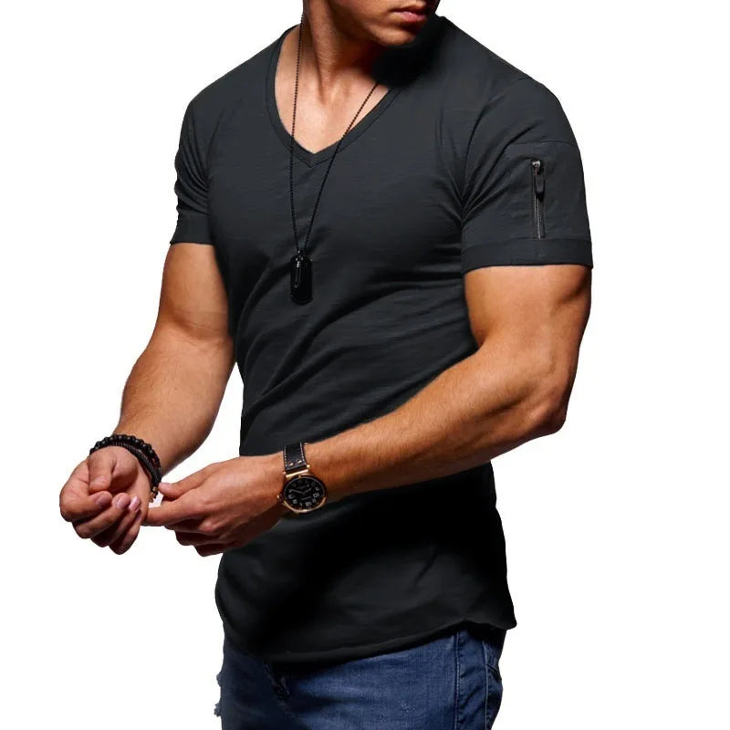 maoxiangshop New Summer Men's V Neck T Shirt Fitness Bodybuilding Tshirt High Street Short Sleeved Zipper Casual Cotton Top Plus Size S-5XL