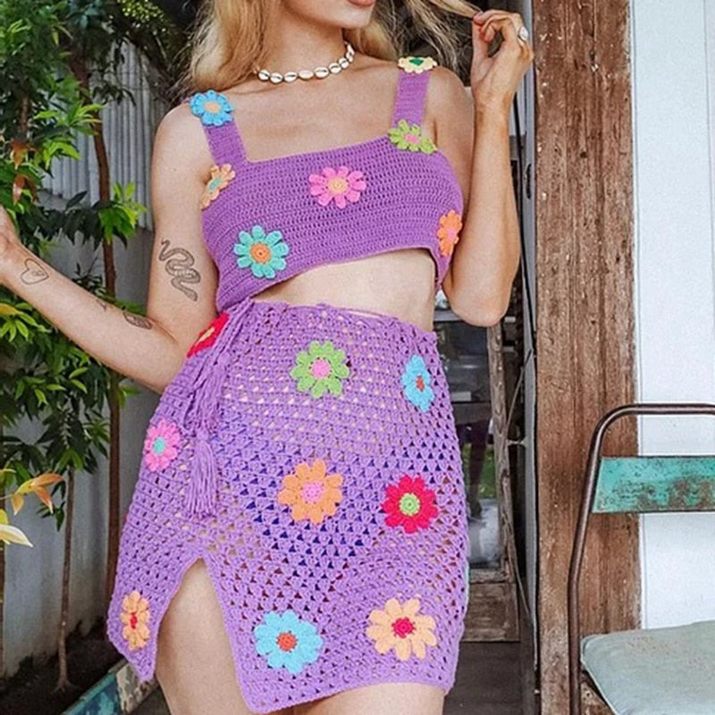 maoxiangshopSummer Knitted Suit Floral Crochet Crop Cami Top and High Waist Split Skirt Beach Vacation Y2K Two Piece Set Women Outfits