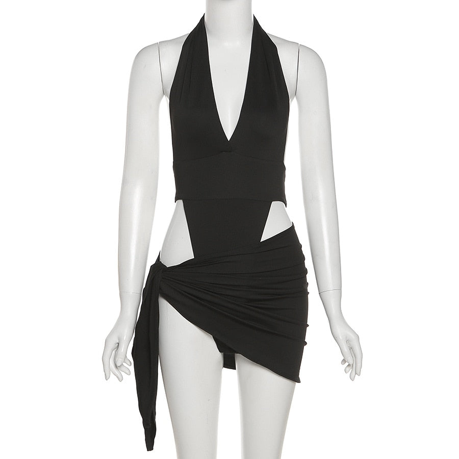 maoxiangshop Y2K Summer New Halter Strap V-Neck Casual Backless Sexy Women's Clothes Basic Bodysuits 2 Piece Beach Mini Dress