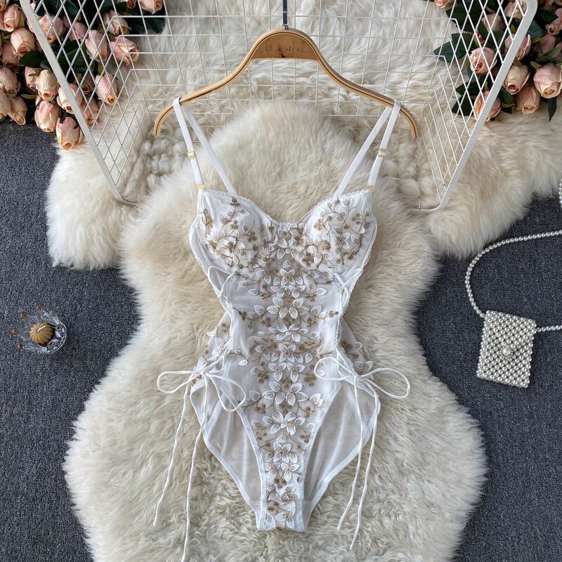 maoxiangshop Sexy See Through Mesh Patchwork Flowers Embroidery Bodysuit Women Adjustable Spaghetti Strap Padded Lace Up Bandage Body Suits