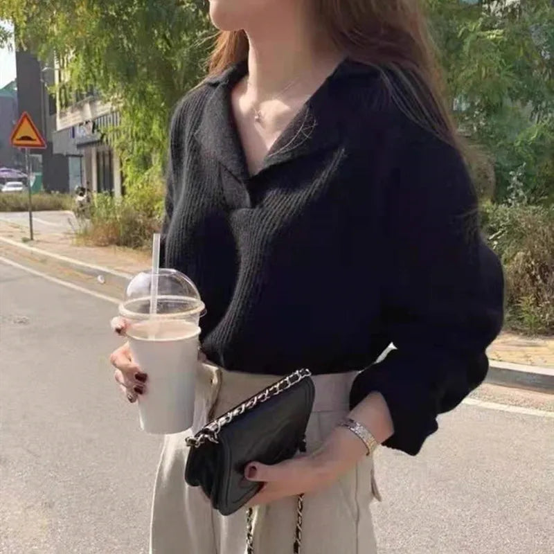 new female sweater autumn half-open V-lapel pullover Korean version of long-sleeved wearing loose sweater