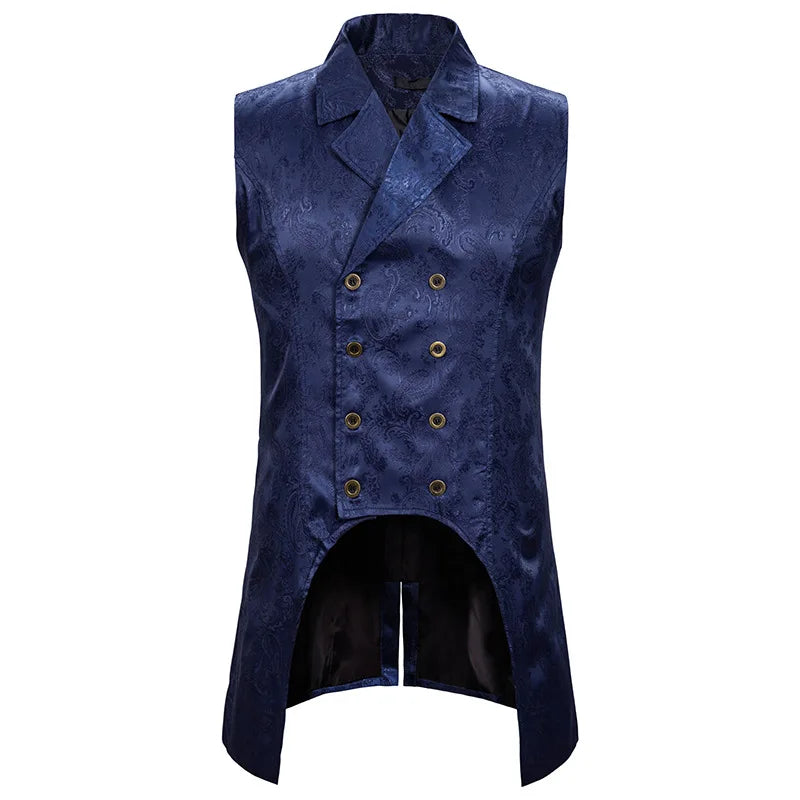 maoxiangshop Wine Red Paisley Jacquard Long Vest Men Double Breasted Lapel Brocade Vest Waistcoat Mens Gothic Steampunk Sleeveless Tailcoat