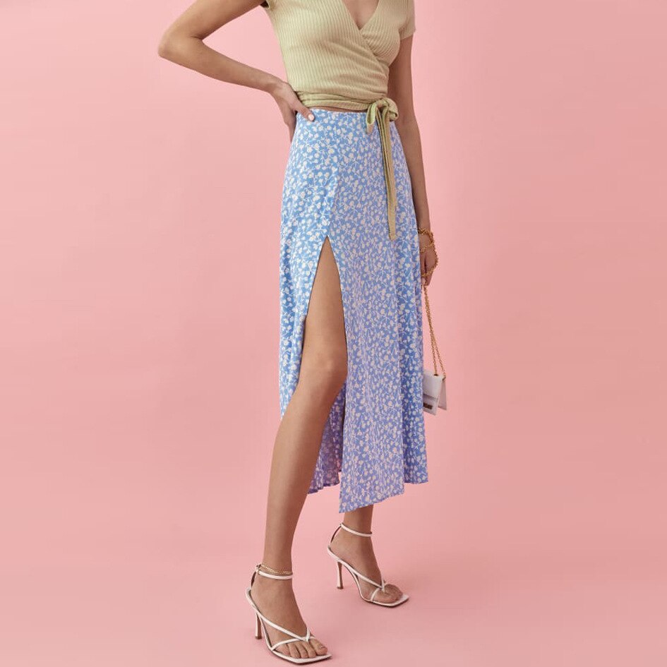 maoxiangshop High Waist Split Out Floral Mid Skirt Women Sexy Vintage Boho A-line Skirts Slim Party Streetwear Holiday Beachwear