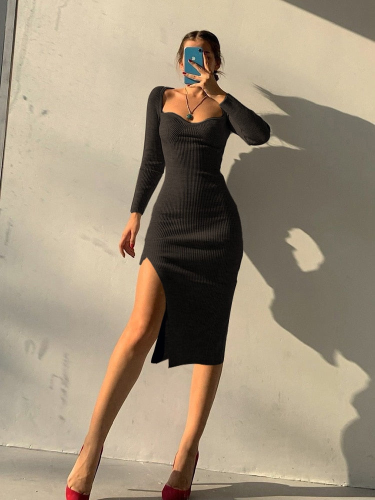 maoxiangshop Knit Knee Length Dresses For Women Sexy Square Collar Elegant Long Sleeve Bodycon Side Split Chic Fall Fashion Dress
