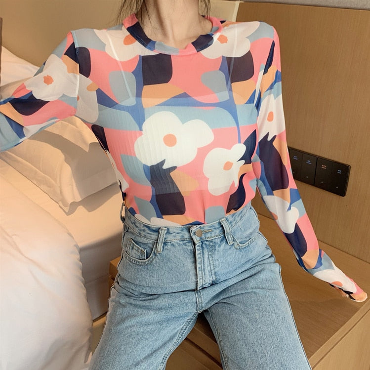 maoxiangshop Angel Print Sheer Blue Black Mesh Long Sleeve Blouse Shirts Women Spring Summer Pullovers Elegant Sexy See Through Tops